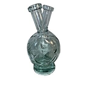 Vintage Italian Green Molded Fused Glass Oil & Vinegar Bottles- Missing Corks